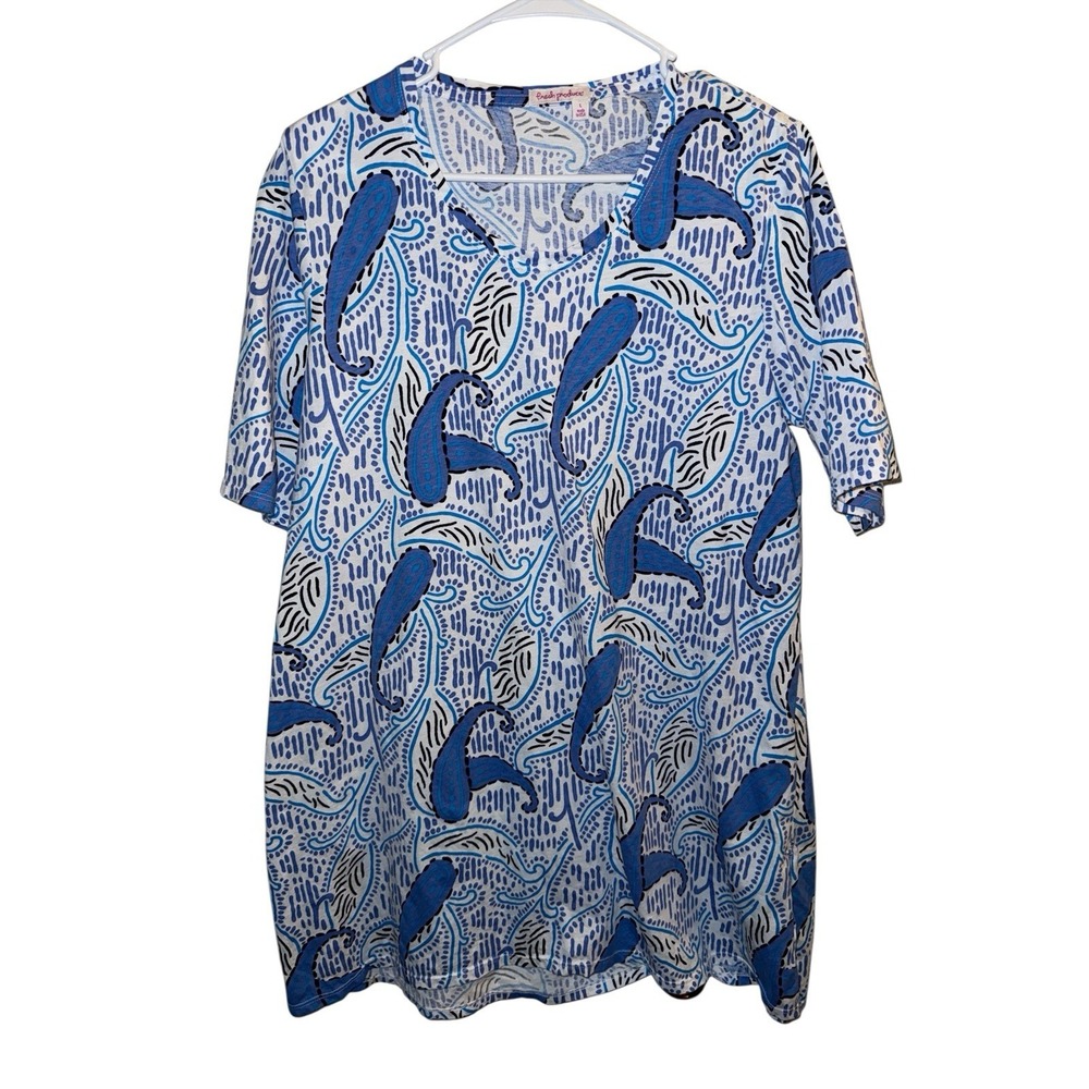 Fresh Produce Tunic Top Womens L Blue Paisley Short Sleeve V-Neck Cotton - Picture 2 of 7